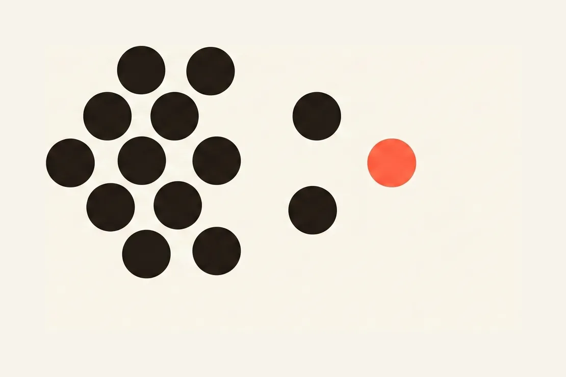 A loose constellation of dots, some pulled into a dense cluster and others drifting toward the edges.