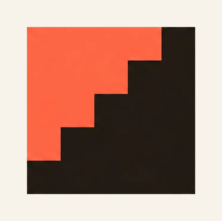 A staircase climbing a narrow diagonal channel between a dark zone above and a coral zone below.