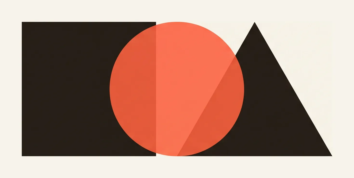 Three geometric shapes — a circle, a triangle and a square — interlocking into one balanced form.